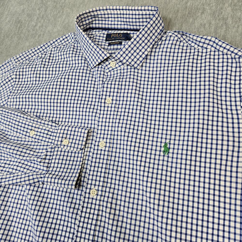 Polo Ralph Lauren Shirt Mens 2XL Blue White Check Performance Stretch Pony